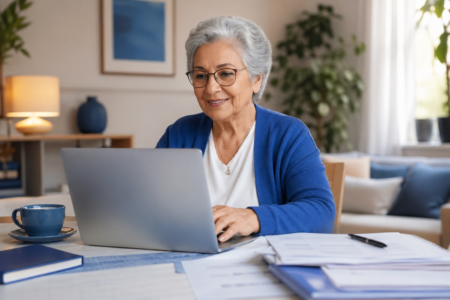 Senhora aposentada usando notebook para avaliação online de isenção de Imposto de Renda