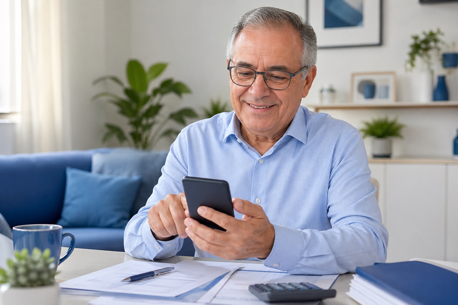 Senhor aposentado falando pelo WhatsApp sobre recuperação de IR